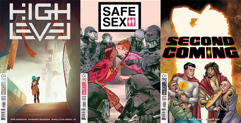 Vertigo’s three new 2019 titles—High Level, Safe Sex, and Second Coming.